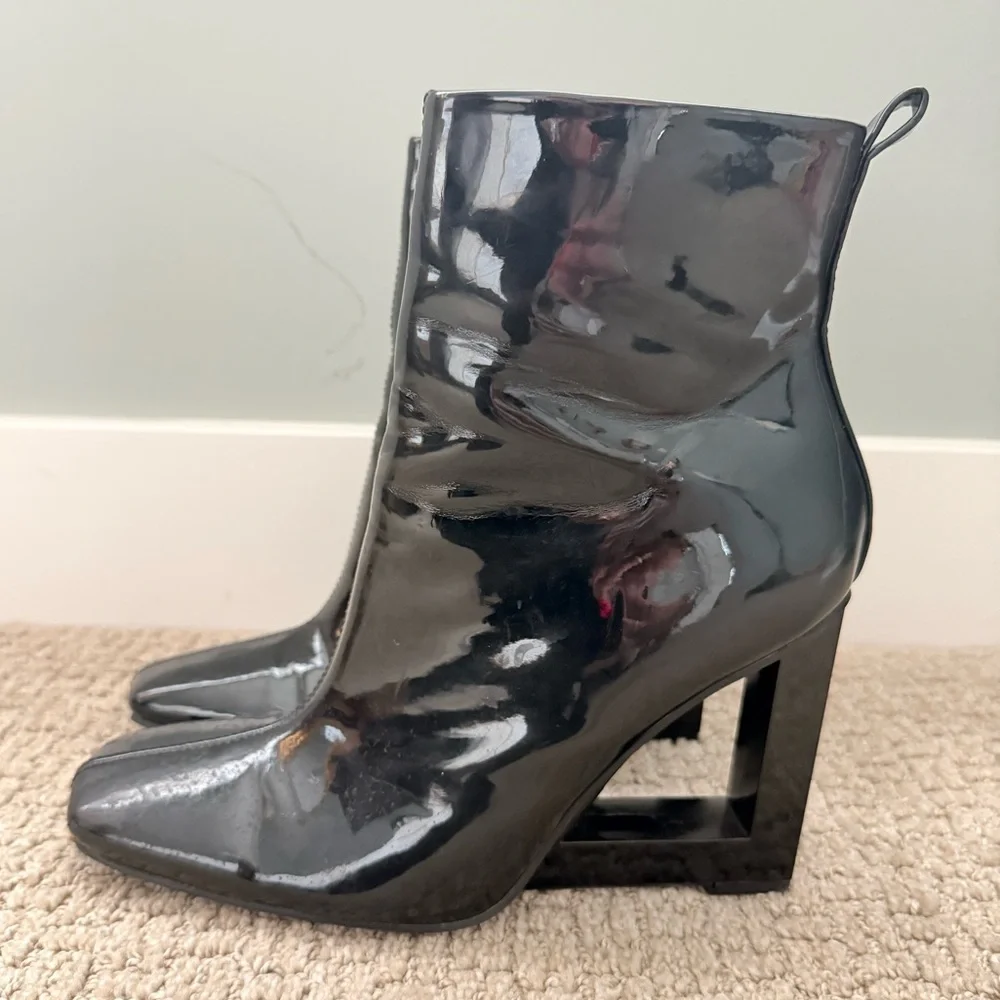 River Island Patent Ankle Boots Black Architectural Block Heel Booties Size 8 - Picture 2 of 7